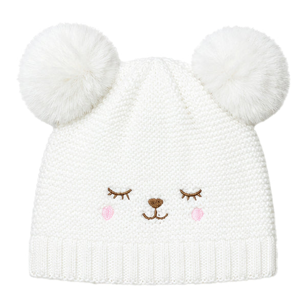 Kids Woolen Cap with Cute Bear Face, Warm Winter Beanie with Double Pom Poms and Ribbed Folded Cuff for Girls (2–4 Years)