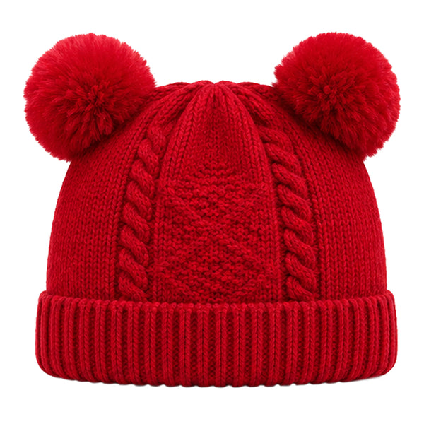 Kids Woolen Cap with Double Pom Poms, Warm Winter Beanie with Cable Knit Pattern and Ribbed Folded Cuff for Boys & Girls (3-6 Years)