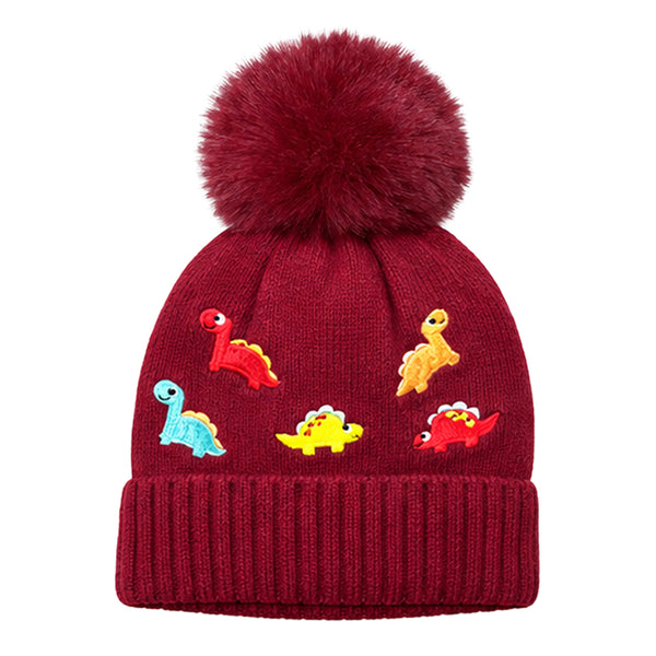 Kids Woolen Cap with Cute Dinosaur Embroidery and Fluffy Pom Pom Warm, Cozy Knitted Winter Hat with Soft Fur Lining for Boys and Girls (2-4 Year)