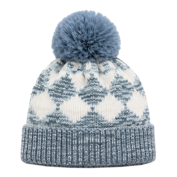 Kids Woolen Cap with Geometric Pattern and Soft Pom Pom, Warm Winter Beanie with Ribbed Folded Cuff for Boys & Girls (3-6 Years)