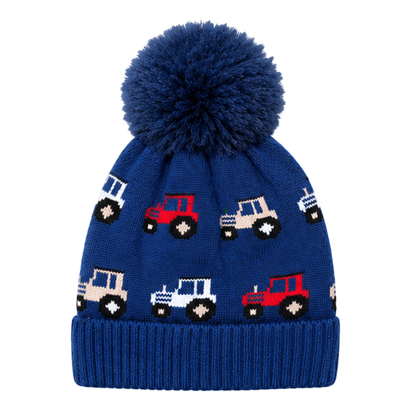 Baby Woolen Cap with Fur Lining, Tractor Design Warm Knitted Faux Fur Pom Pom Winter Beanie for Boys & Girls (3-6 Years)