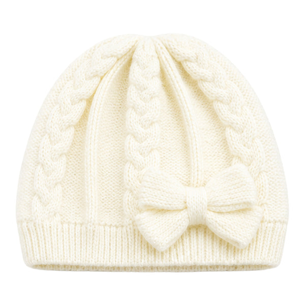 Baby Woolen Cap with Fur Lining, Cable Knit Bow Design Warm Knitted Winter Beanie for Girls & Boys (1-3 Years)