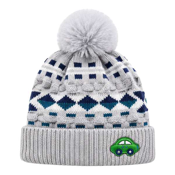 Baby Woolen Cap with Fur Lining, Car Patch Design Warm Knitted Pom Pom Winter Beanie for Boys & Girls (1-3 Years)