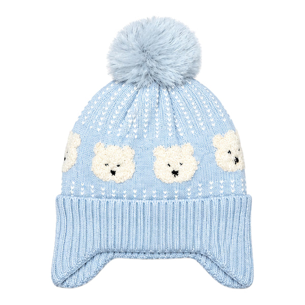 Kids Woolen Cap with Cute Bear Pattern, Warm Winter Beanie with Earflap Design, Soft Pom Pom and Ribbed Cuff for Boys & Girls (3-6 Years)