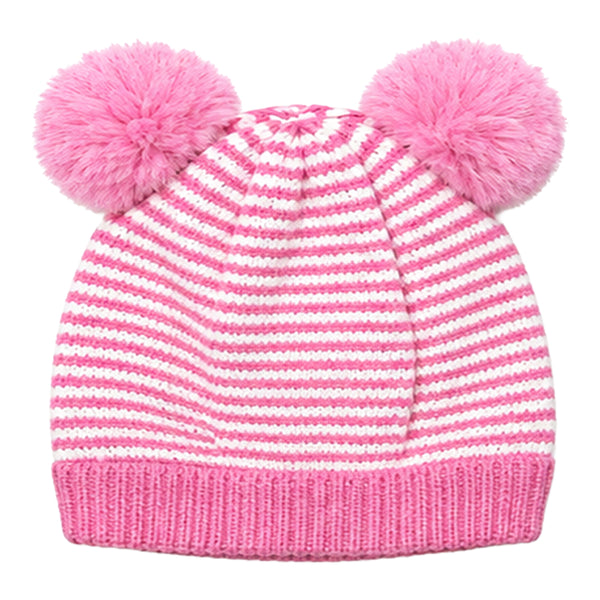 Kids Woolen Cap with Fur Lining, Striped Design Warm Knitted Double Pom Pom Winter Beanie for Boys & Girls (3-6 Years)