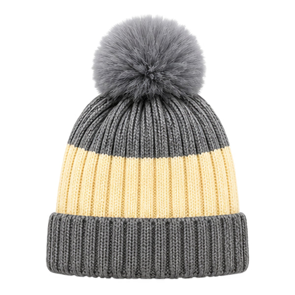 Baby Woolen Cap with Fur Lining, Colour Block Design Warm Ribbed Knit Faux Fur Pom Pom Winter Beanie for Boys & Girls (3-6 Years)