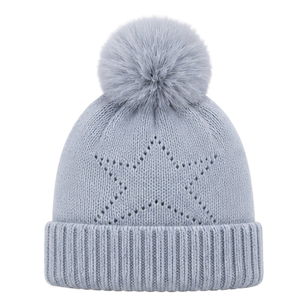 Baby Woolen Cap with Fur Lining, Star Design Warm Knitted Pom Pom Winter Beanie for Boys & Girls (1-3 Years)