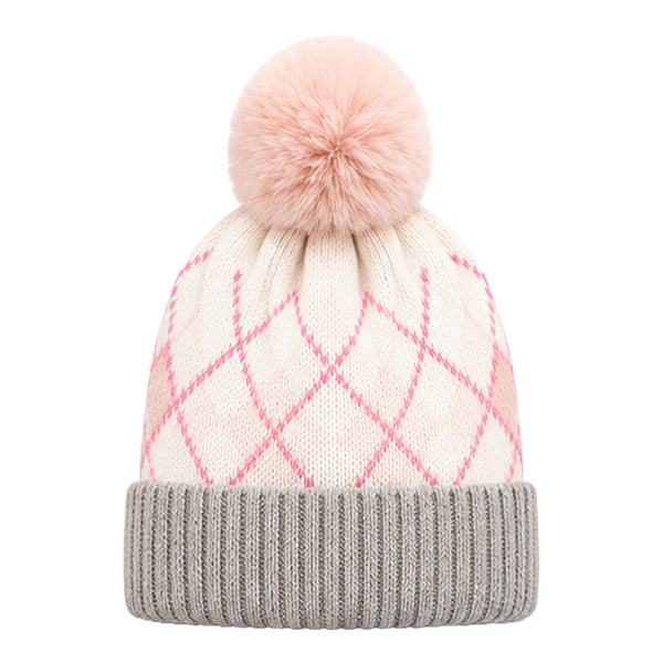 Kids Woolen Cap with Fur Lining, Argyle Design Warm Knitted Faux Fur Pom Pom Winter Beanie for Boys & Girls (3-6 Years)