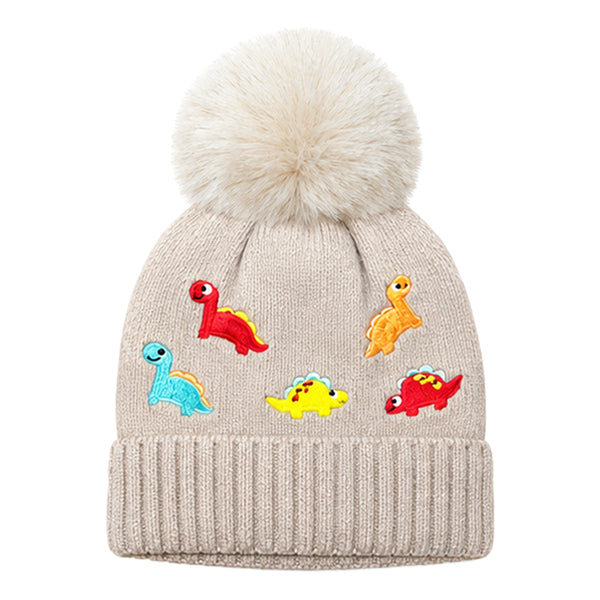 Kids Woolen Cap with Cute Dinosaur Embroidery and Fluffy Pom Pom Warm, Cozy Knitted Winter Hat with Soft Fur Lining for Boys and Girls (2-4 Year)