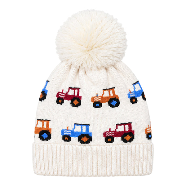Baby Woolen Cap with Fur Lining, Tractor Design Warm Knitted Faux Fur Pom Pom Winter Beanie for Boys & Girls (3-6 Years)