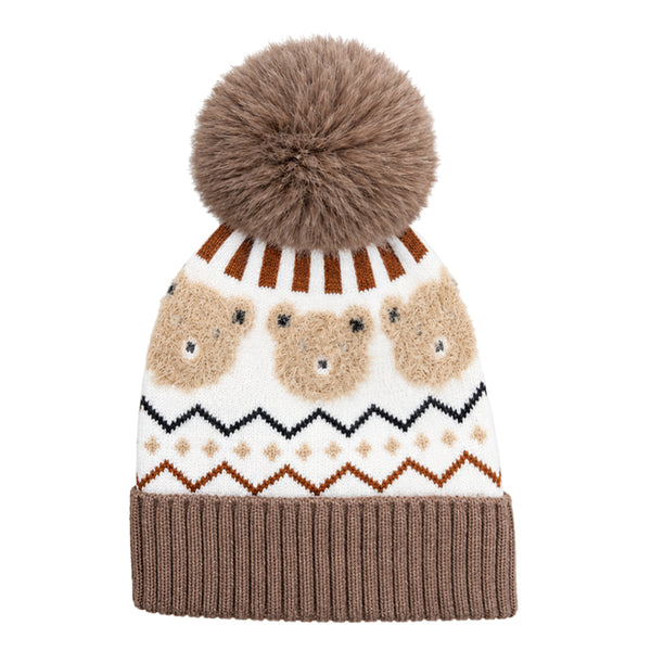 Kids Woolen Cap with Fur Lining, Fluffy Teddy Bear Design Warm Knitted Faux Fur Pom Pom Winter Beanie for Boys & Girls (3-6 Years)