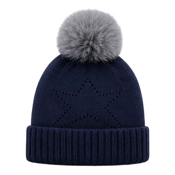 Baby Woolen Cap with Fur Lining, Star Design Warm Knitted Pom Pom Winter Beanie for Boys & Girls (1-3 Years)