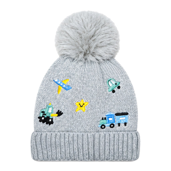 Kids Woolen Cap with Cute Vehicle Embroidery, Warm Winter Beanie with Soft Pom Pom and Ribbed Folded Cuff for Boys & Girls (3-6 Years)