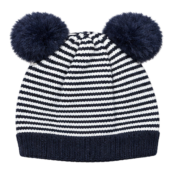 Kids Woolen Cap with Fur Lining, Striped Design Warm Knitted Double Pom Pom Winter Beanie for Boys & Girls (3-6 Years)