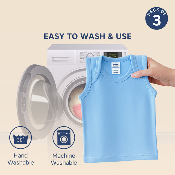 Baby Envelope Neck Sleeveless Vest – Pack of 3, Soft Cotton, Multicolor