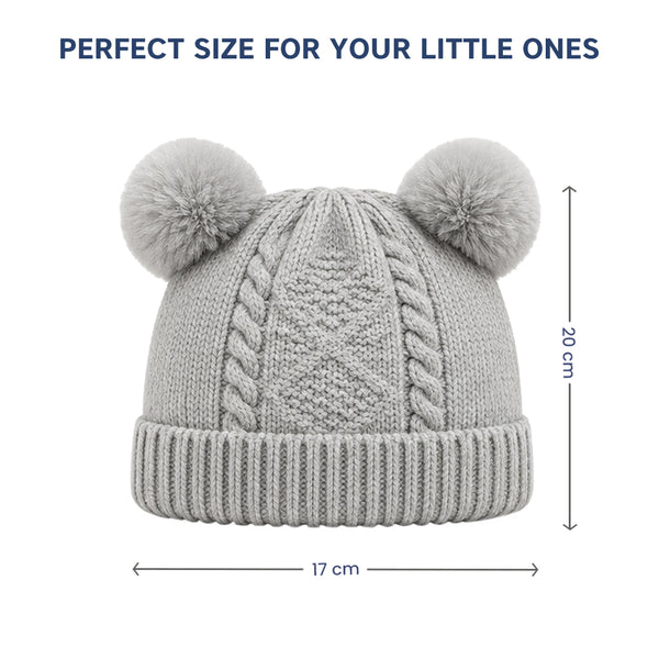 Kids Woolen Cap with Double Pom Poms, Warm Winter Beanie with Cable Knit Pattern and Ribbed Folded Cuff for Boys & Girls (3-6 Years)