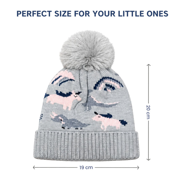 Kids Woolen Cap with Cute Dinosaur Print, Warm Winter Beanie with Soft Pom Pom and Ribbed Folded Cuff for Girls (3–6 Years)