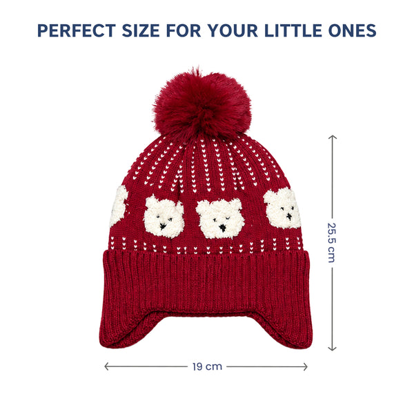 Kids Woolen Cap with Cute Bear Pattern, Warm Winter Beanie with Earflap Design, Soft Pom Pom and Ribbed Cuff for Boys & Girls (3-6 Years)