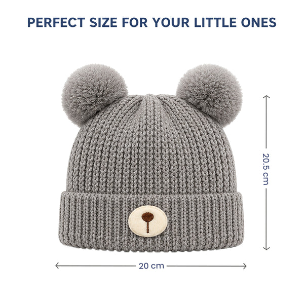 Kids Woolen Cap with Fur Lining, Bear Ears Design Warm Chunky Knit Double Pom Pom Winter Beanie for Boys & Girls (3-6 Years)