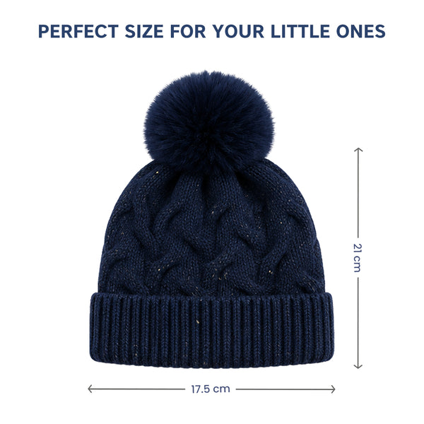Kids Woolen Cap with Textured Pattern and Soft Pom Pom, Warm Winter Beanie with Folded Cuff for Boys & Girls (3-6 Years)