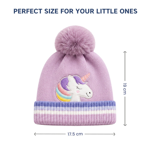Kids Woolen Cap with Cute Unicorn Embroidery, Warm Winter Beanie with Soft Pom Pom and Folded Cuff for Boys & Girls (2-4 Years)