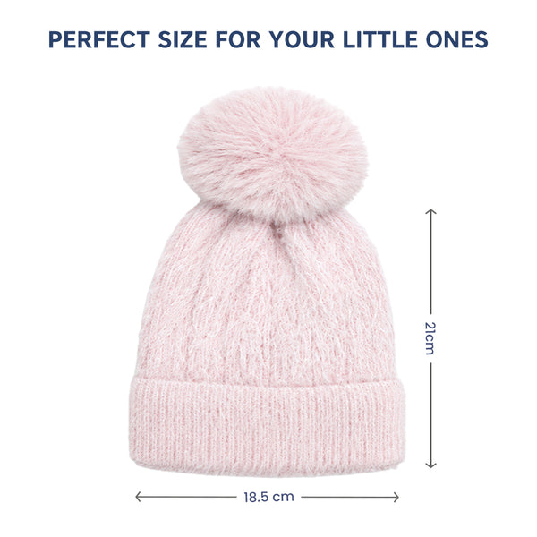 Kids Woolen Cap with Soft Pom Pom, Warm Winter Beanie with Ribbed Folded Cuff and Cozy Textured Design for Boys & Girls (3-6 Years)