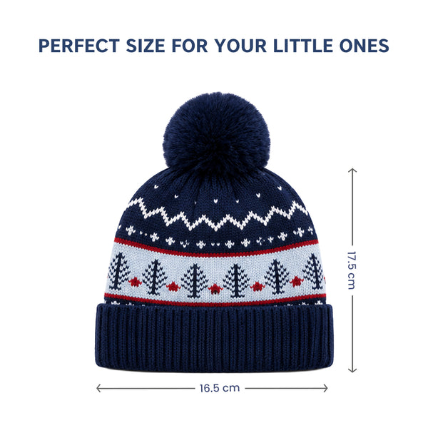 Baby Woolen Cap with Fur Lining, Christmas Tree Design Warm Knitted Pom Pom Winter Beanie for Boys & Girls (1-3 Years)