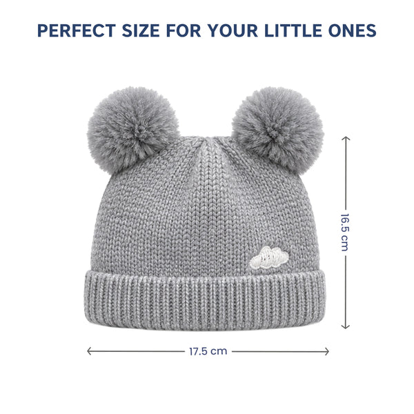 Baby Woolen Cap with Fur Lining, Zigzag Design Warm Knitted Faux Fur Pom Pom Winter Beanie for Boys & Girls (1-3 Years)