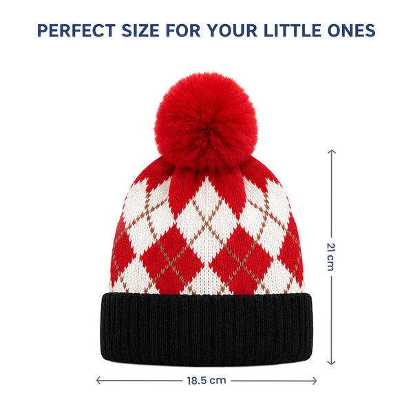 Kids Woolen Cap with Fur Lining, Argyle Design Warm Knitted Faux Fur Pom Pom Winter Beanie for Boys & Girls (3-6 Years)