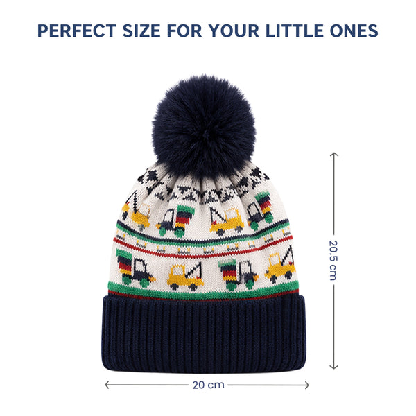 Baby Woolen Cap with Fur Lining, Truck Design Warm Knitted Faux Fur Pom Pom Winter Beanie for Boys & Girls (3-6 Years)