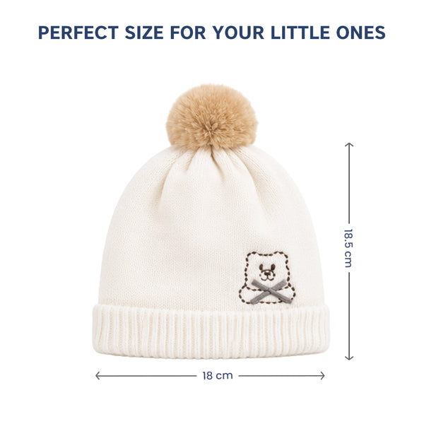 Baby Woolen Cap with Fur Lining, Embroidered Teddy Bear Design Warm Knitted Winter Beanie for Boys & Girls (2-4 Years)