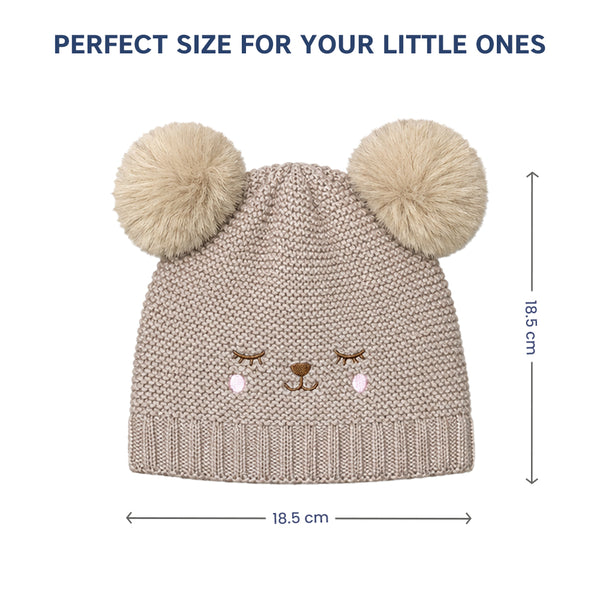 Kids Woolen Cap with Cute Bear Face, Warm Winter Beanie with Double Pom Poms and Ribbed Folded Cuff for Girls (2–4 Years)