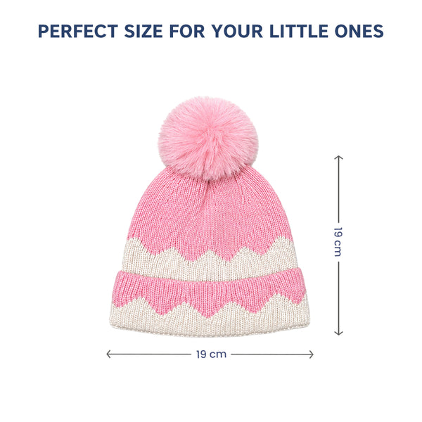 Baby Woolen Cap with Fur Lining, Zigzag Design Warm Knitted Faux Fur Pom Pom Winter Beanie for Boys & Girls (2-4 Years)