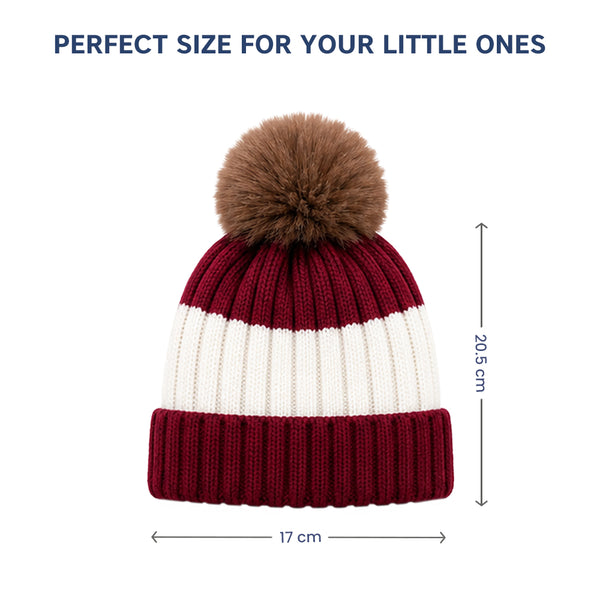 Baby Woolen Cap with Fur Lining, Colour Block Design Warm Ribbed Knit Faux Fur Pom Pom Winter Beanie for Boys & Girls (3-6 Years)
