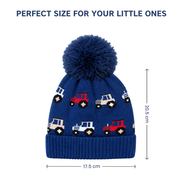 Baby Woolen Cap with Fur Lining, Tractor Design Warm Knitted Faux Fur Pom Pom Winter Beanie for Boys & Girls (3-6 Years)