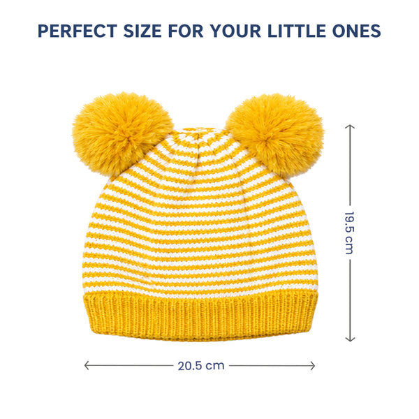 Kids Woolen Cap with Fur Lining, Striped Design Warm Knitted Double Pom Pom Winter Beanie for Boys & Girls (3-6 Years)