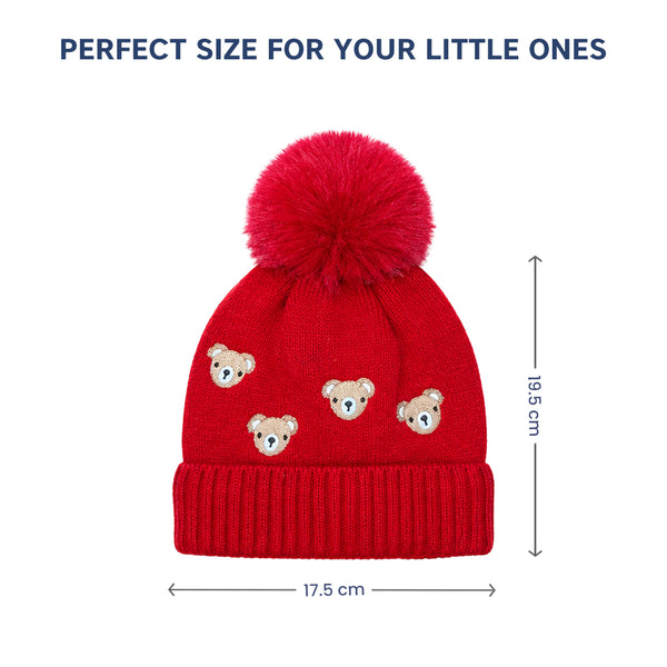 Kids Woolen Cap with Cute Teddy Bear Embroidery and Fluffy Pom Pom Warm, Cozy, Soft Knit Winter Hat for Babies and Toddlers (3-6 Years)