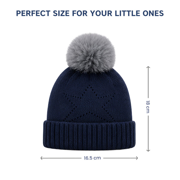 Baby Woolen Cap with Fur Lining, Star Design Warm Knitted Pom Pom Winter Beanie for Boys & Girls (1-3 Years)