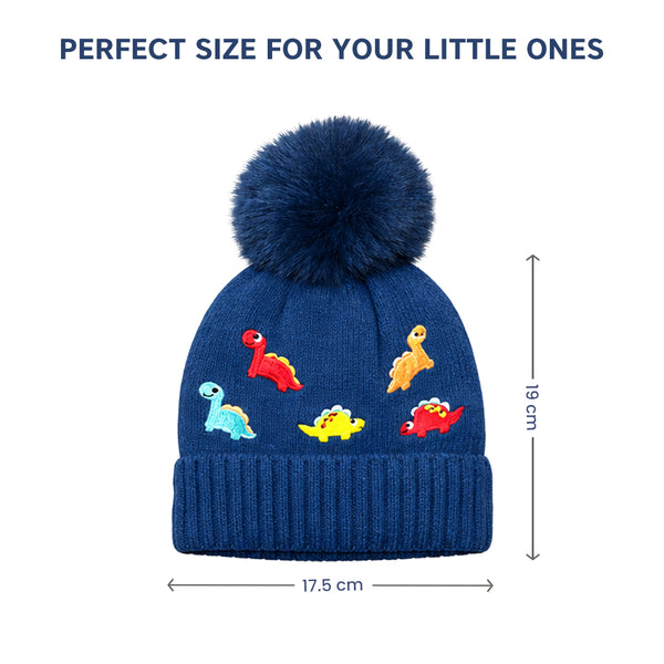 Kids Woolen Cap with Cute Dinosaur Embroidery and Fluffy Pom Pom Warm, Cozy Knitted Winter Hat with Soft Fur Lining for Boys and Girls (2-4 Year)