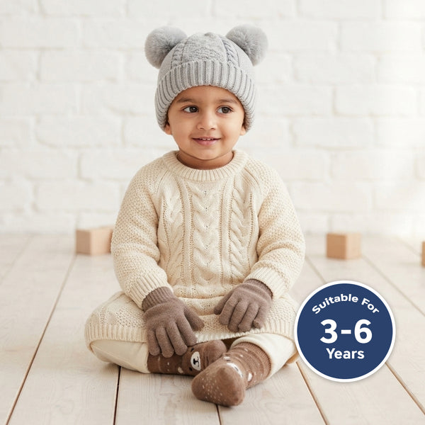 Kids Woolen Cap with Double Pom Poms, Warm Winter Beanie with Cable Knit Pattern and Ribbed Folded Cuff for Boys & Girls (3-6 Years)