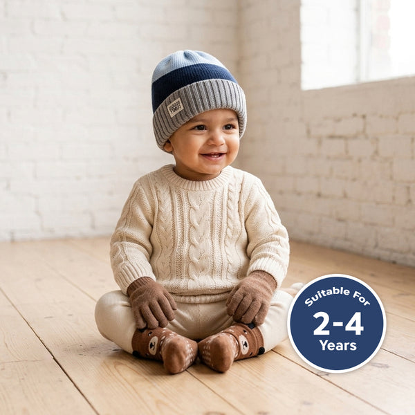 Baby Woolen Cap with Fur Lining, Colour Block Design Warm Knitted Winter Beanie for Boys & Girls (2-4 Years)