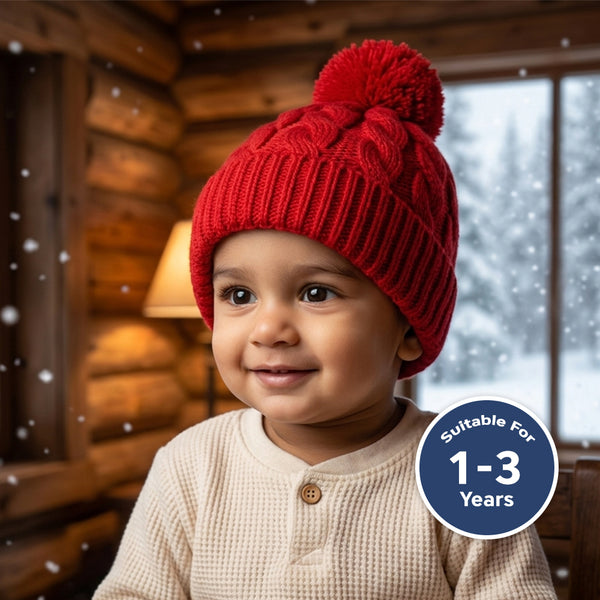 Baby Woolen Cap with Fur Lining, Cable Knit Design Warm Knitted Pom Pom Winter Beanie for Boys & Girls (1-3 Years)