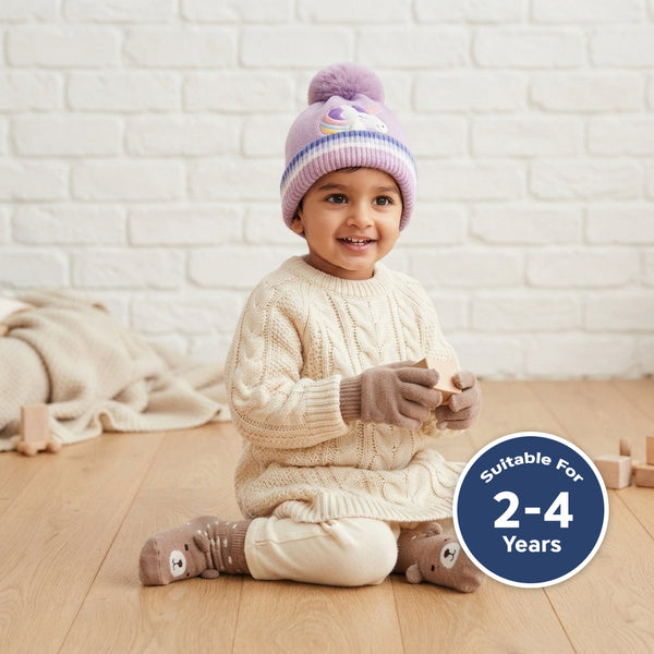 Kids Woolen Cap with Cute Unicorn Embroidery, Warm Winter Beanie with Soft Pom Pom and Folded Cuff for Boys & Girls (2-4 Years)