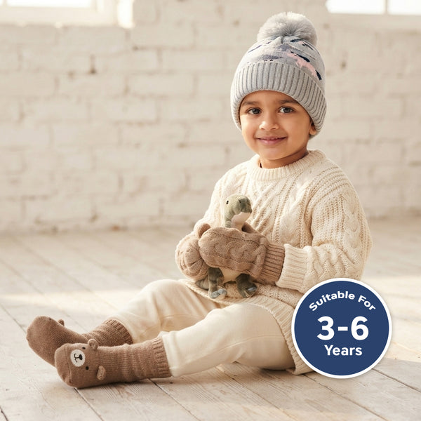 Kids Woolen Cap with Cute Dinosaur Print, Warm Winter Beanie with Soft Pom Pom and Ribbed Folded Cuff for Girls (3–6 Years)