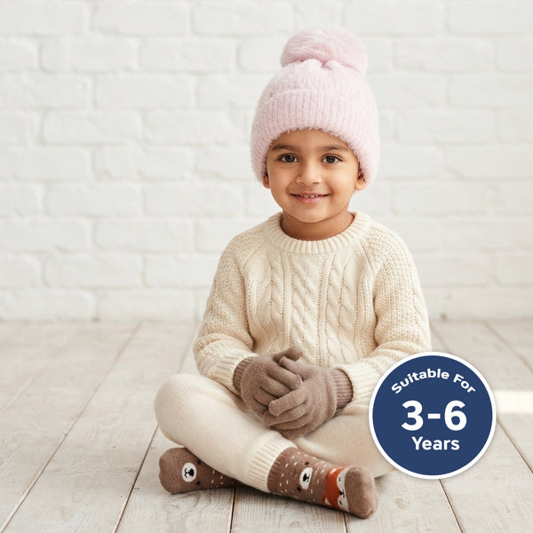 Kids Woolen Cap with Soft Pom Pom, Warm Winter Beanie with Ribbed Folded Cuff and Cozy Textured Design for Boys & Girls (3-6 Years)