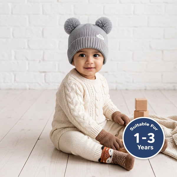 Baby Woolen Cap with Fur Lining, Zigzag Design Warm Knitted Faux Fur Pom Pom Winter Beanie for Boys & Girls (1-3 Years)