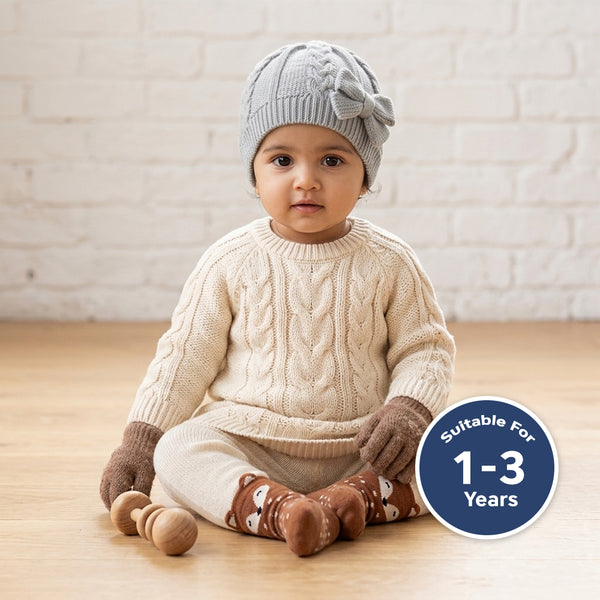 Baby Woolen Cap with Fur Lining, Cable Knit Bow Design Warm Knitted Winter Beanie for Girls & Boys (1-3 Years)