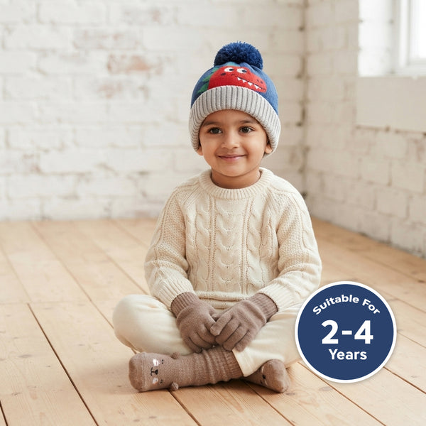 Baby Woolen Cap with Fur Lining, Cute Dinosaur Face Design Warm Knitted Pom Pom Winter Beanie for Boys & Girls (2-4 Years)