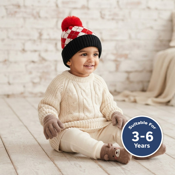 Kids Woolen Cap with Fur Lining, Argyle Design Warm Knitted Faux Fur Pom Pom Winter Beanie for Boys & Girls (3-6 Years)