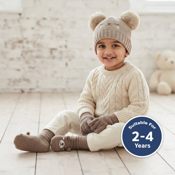 Kids Woolen Cap with Cute Bear Face, Warm Winter Beanie with Double Pom Poms and Ribbed Folded Cuff for Girls (2–4 Years)